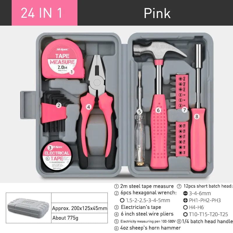 WooLeapStore pink 24 In 1 Multifunctional Home Repair Hand Tool Set Pliers Tape Measure Hammer Wrench Screwdriver Pink Hardware With Toolbox