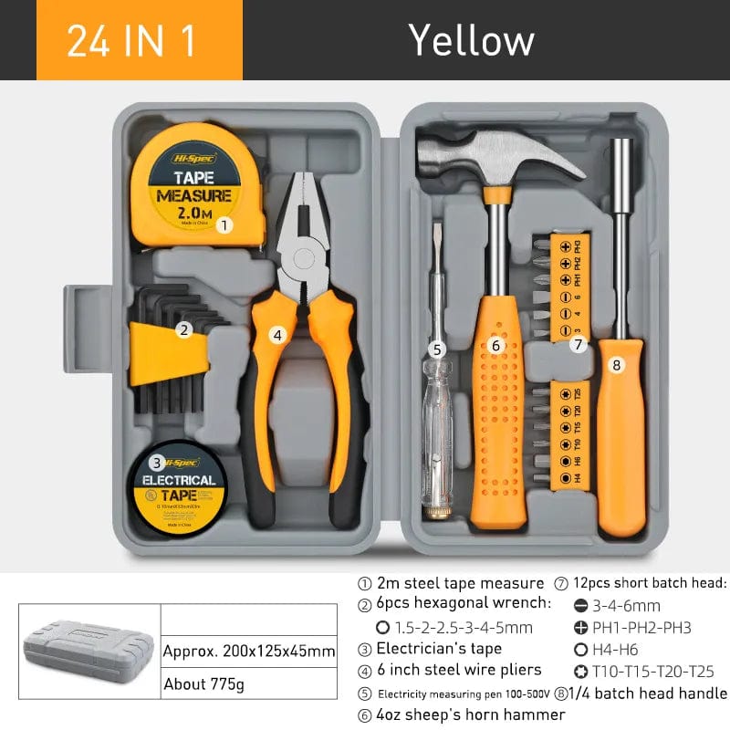 WooLeapStore yellow 24 In 1 Multifunctional Home Repair Hand Tool Set Pliers Tape Measure Hammer Wrench Screwdriver Pink Hardware With Toolbox