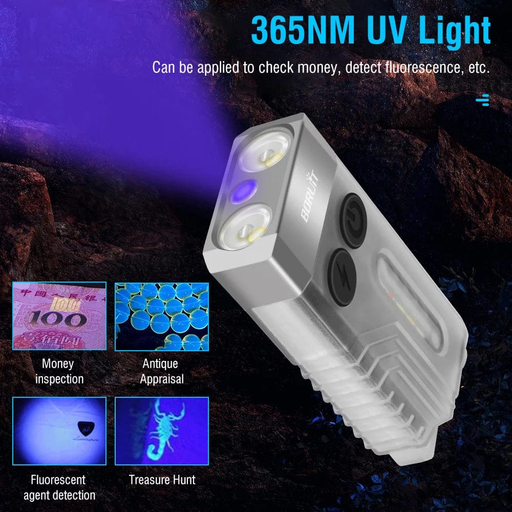 WooLeapStore BORUiT V10 EDC Keychain LED Fluorescence Flashlight Type-C Rechargeable Torch Work Light Magnet Buzzer 365nm UV V3 Plus Lantern
